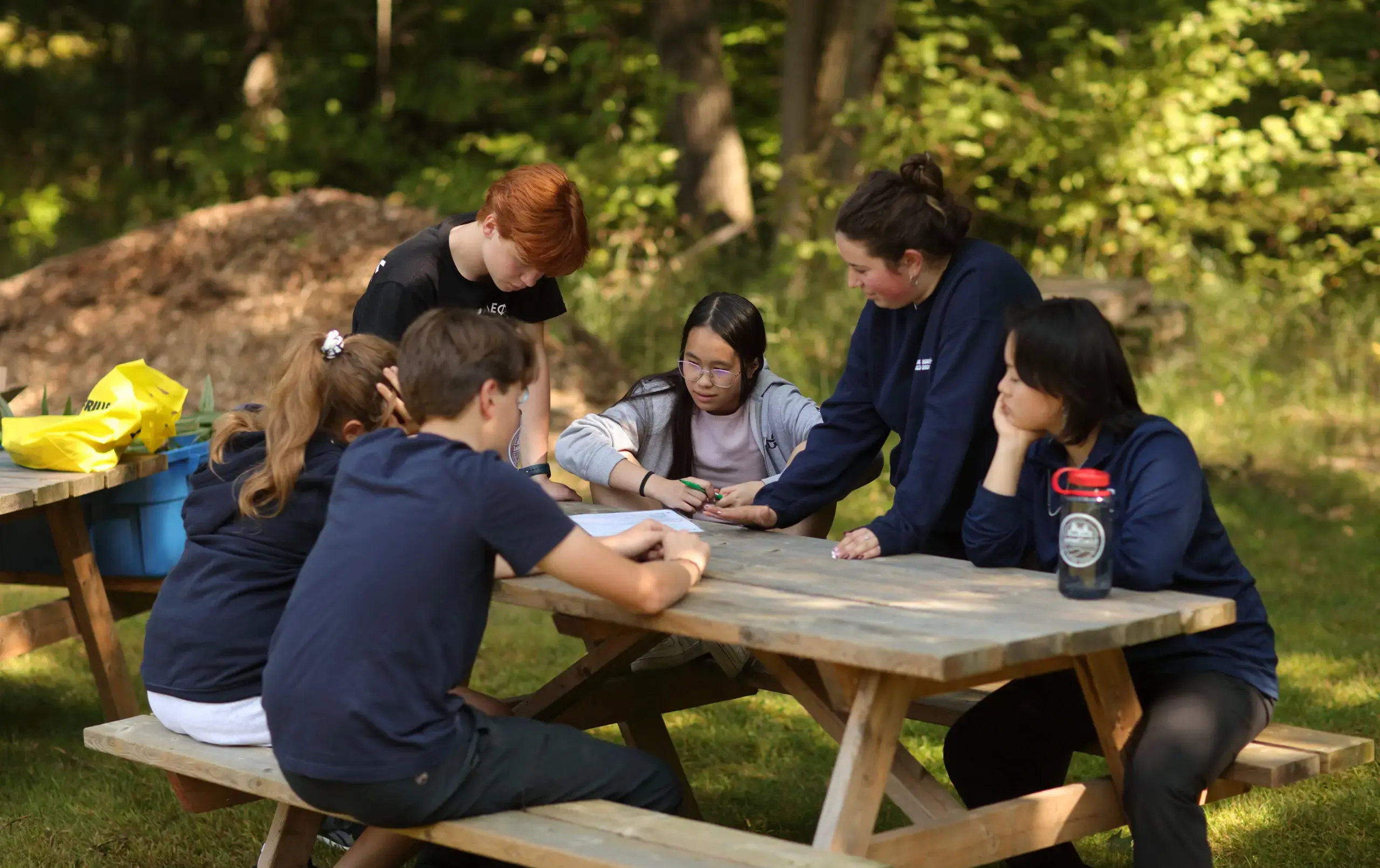A group of six students are gathered around a wooden picnic table outdoors in a wooded area.