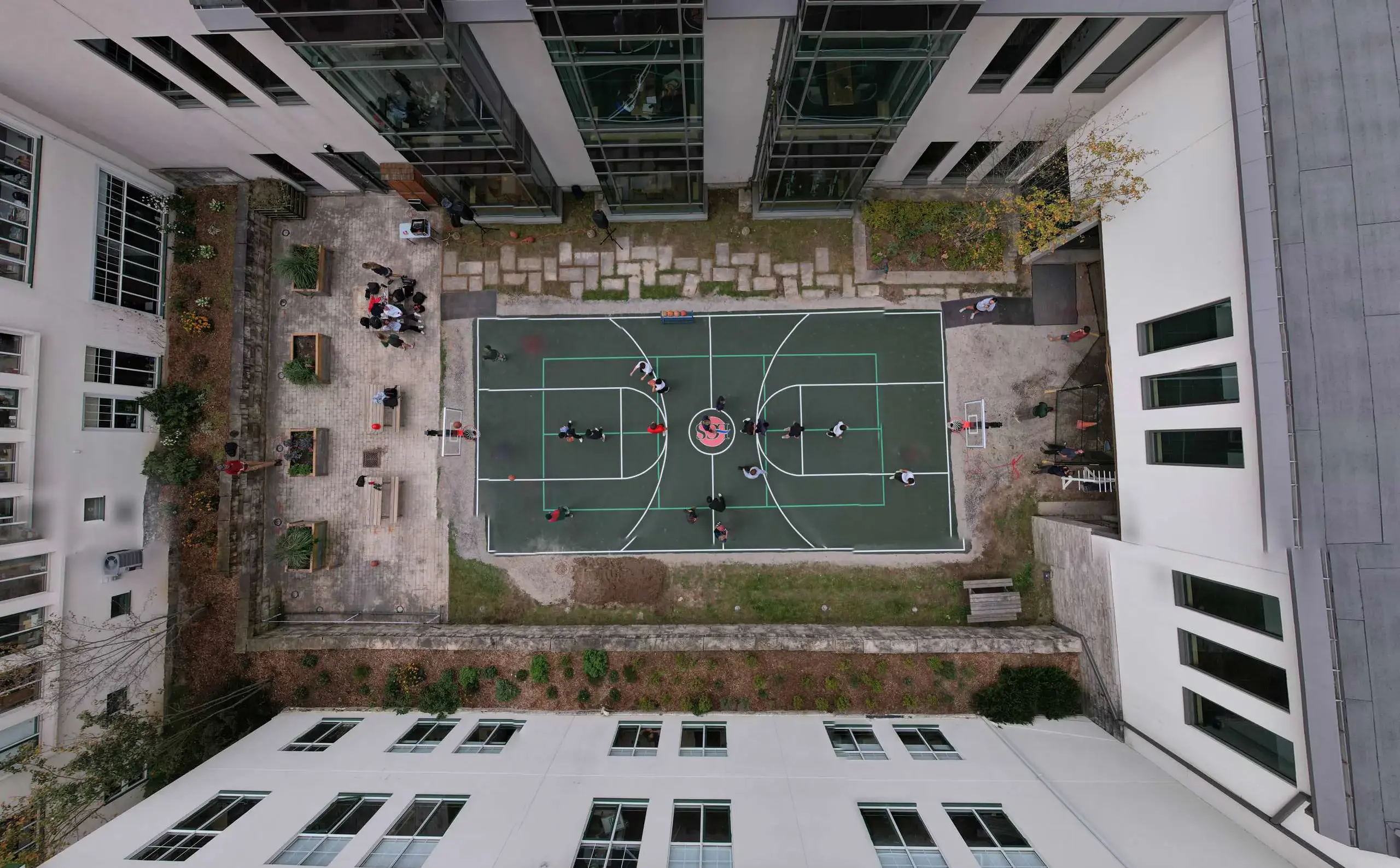Aerial view of basketball court
