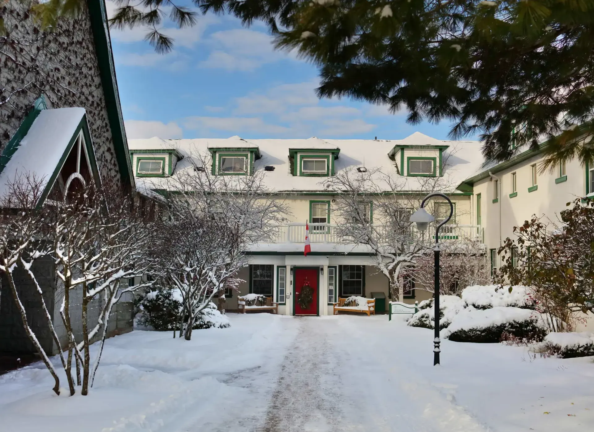 Exterior shot of Lakefield building on a snowy day