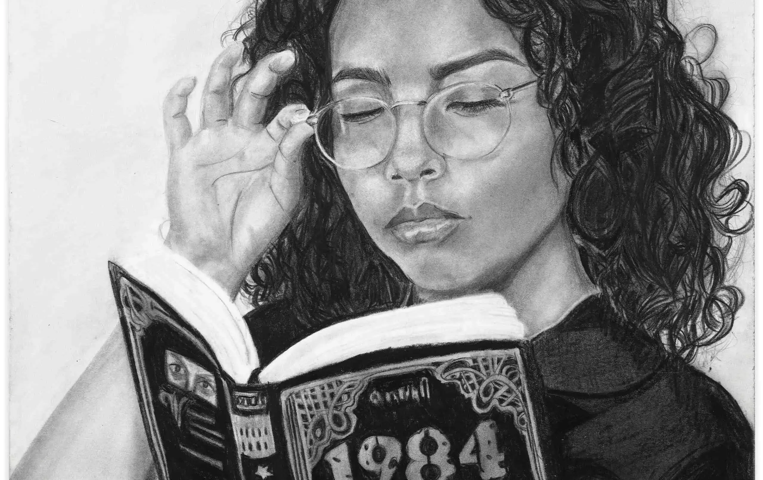 Sketch of person reading 1984 with a serious expression