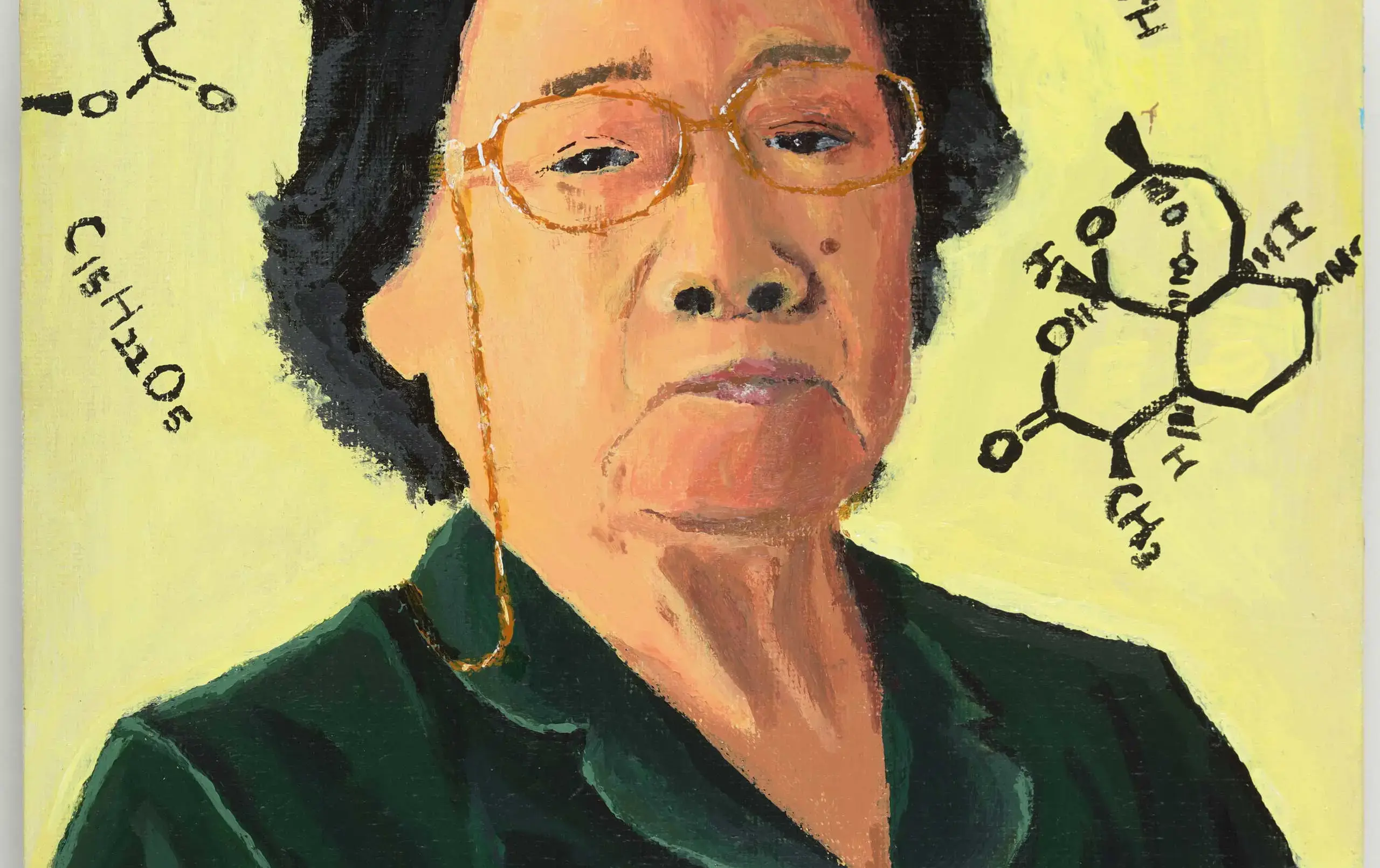 Sketch of a woman surrounded by chemical symbols