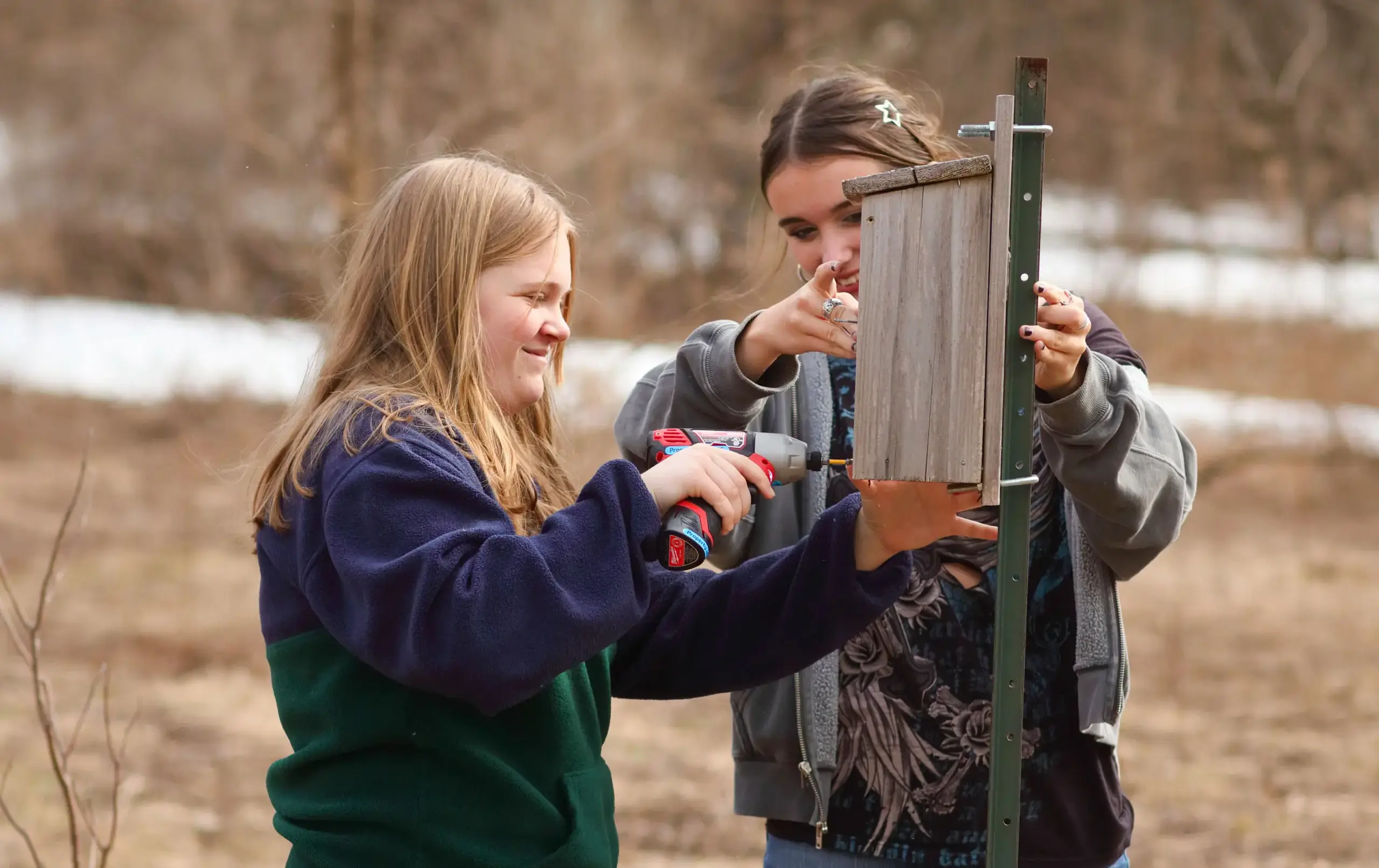Students making birdhouses