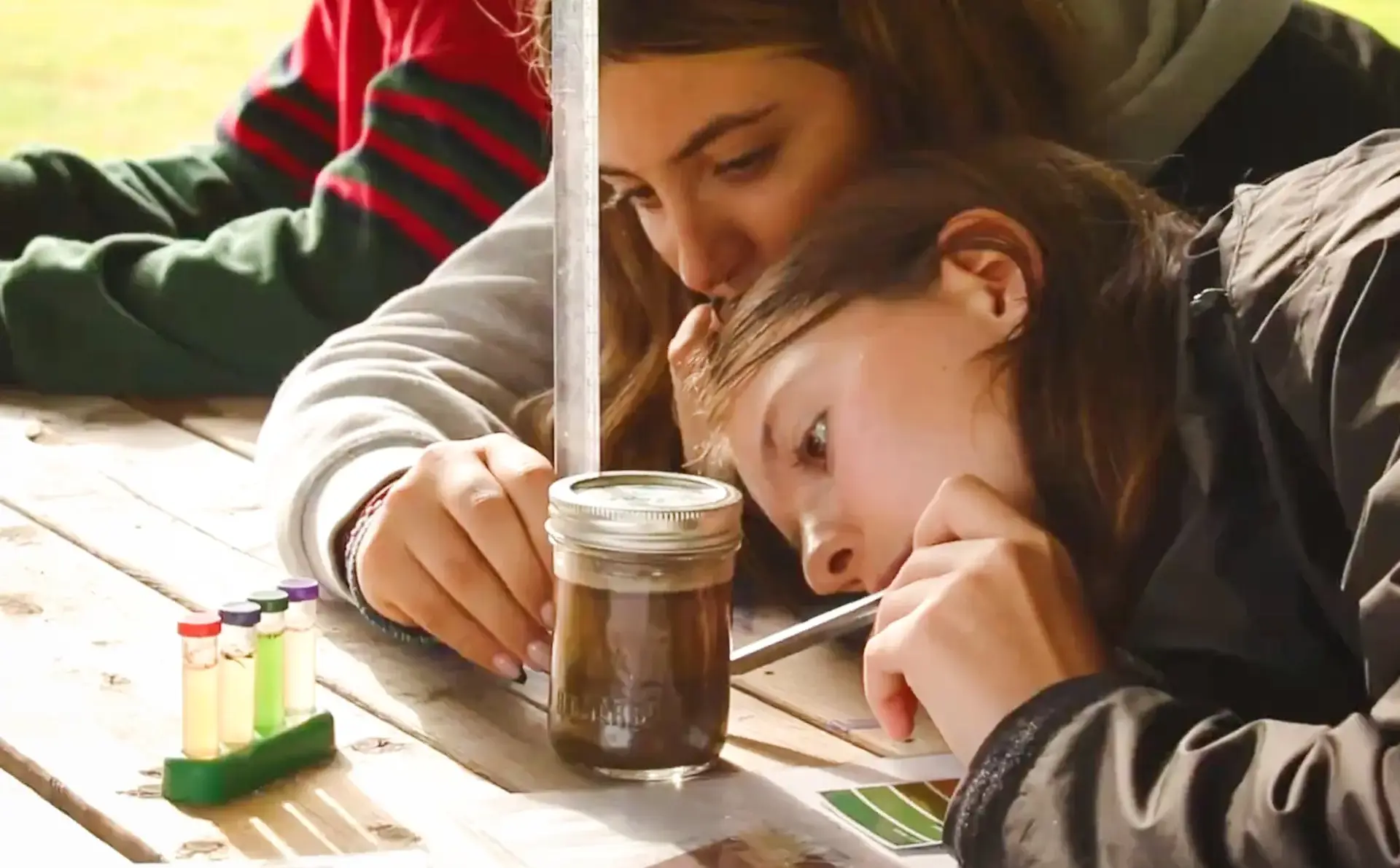 Students examining soil sample