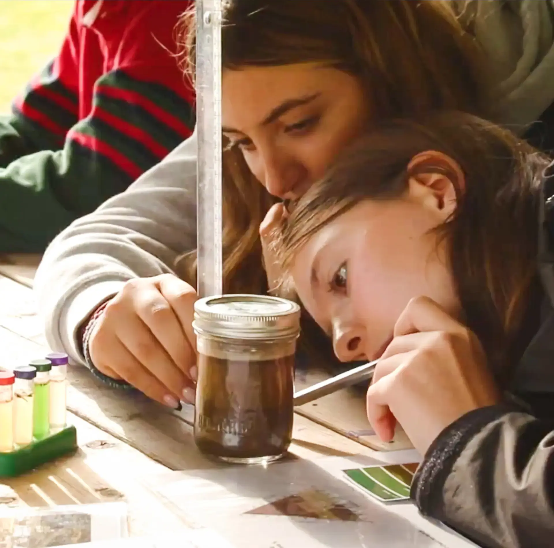Students examining soil sample