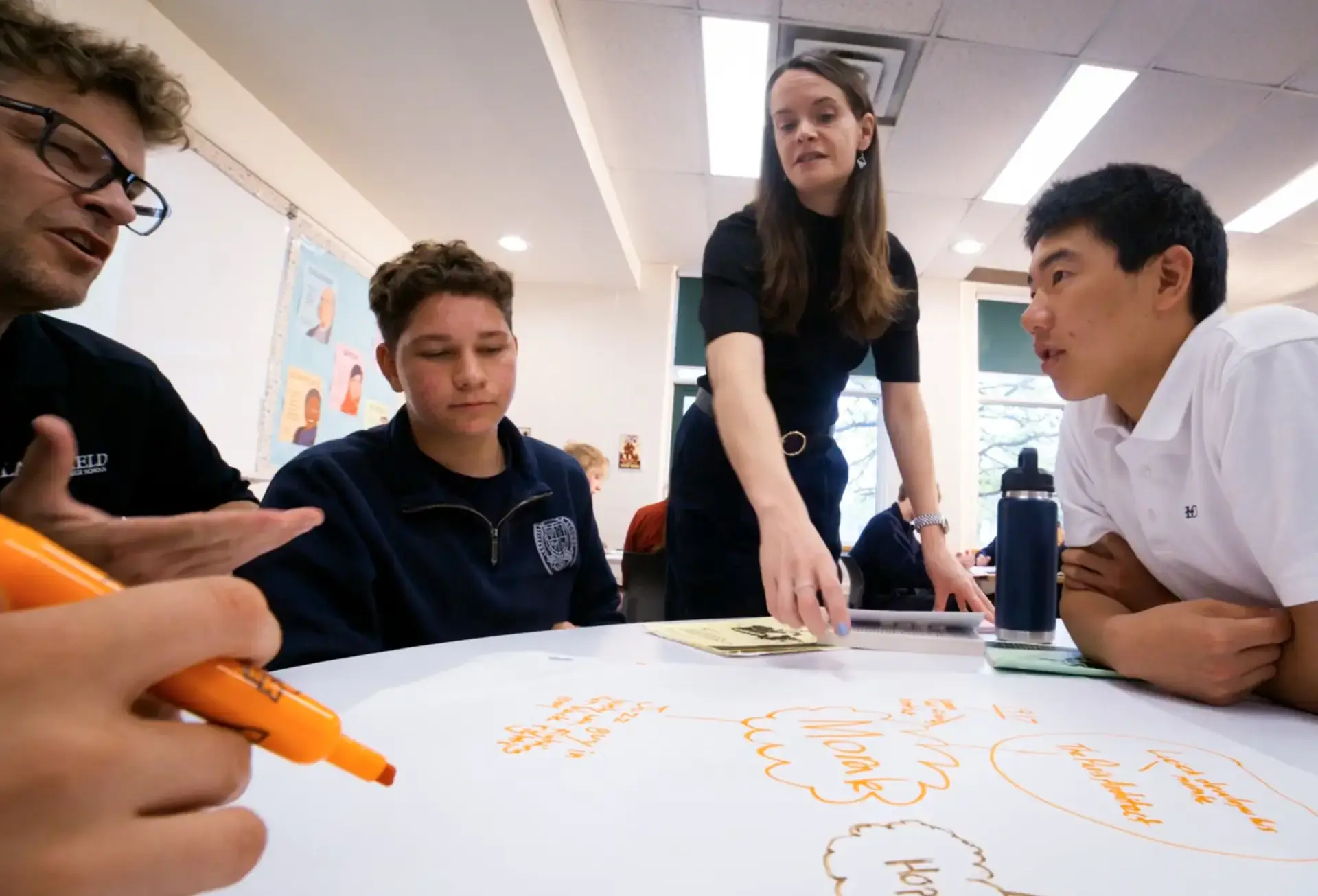 Teacher examining mind map being drawn out by students