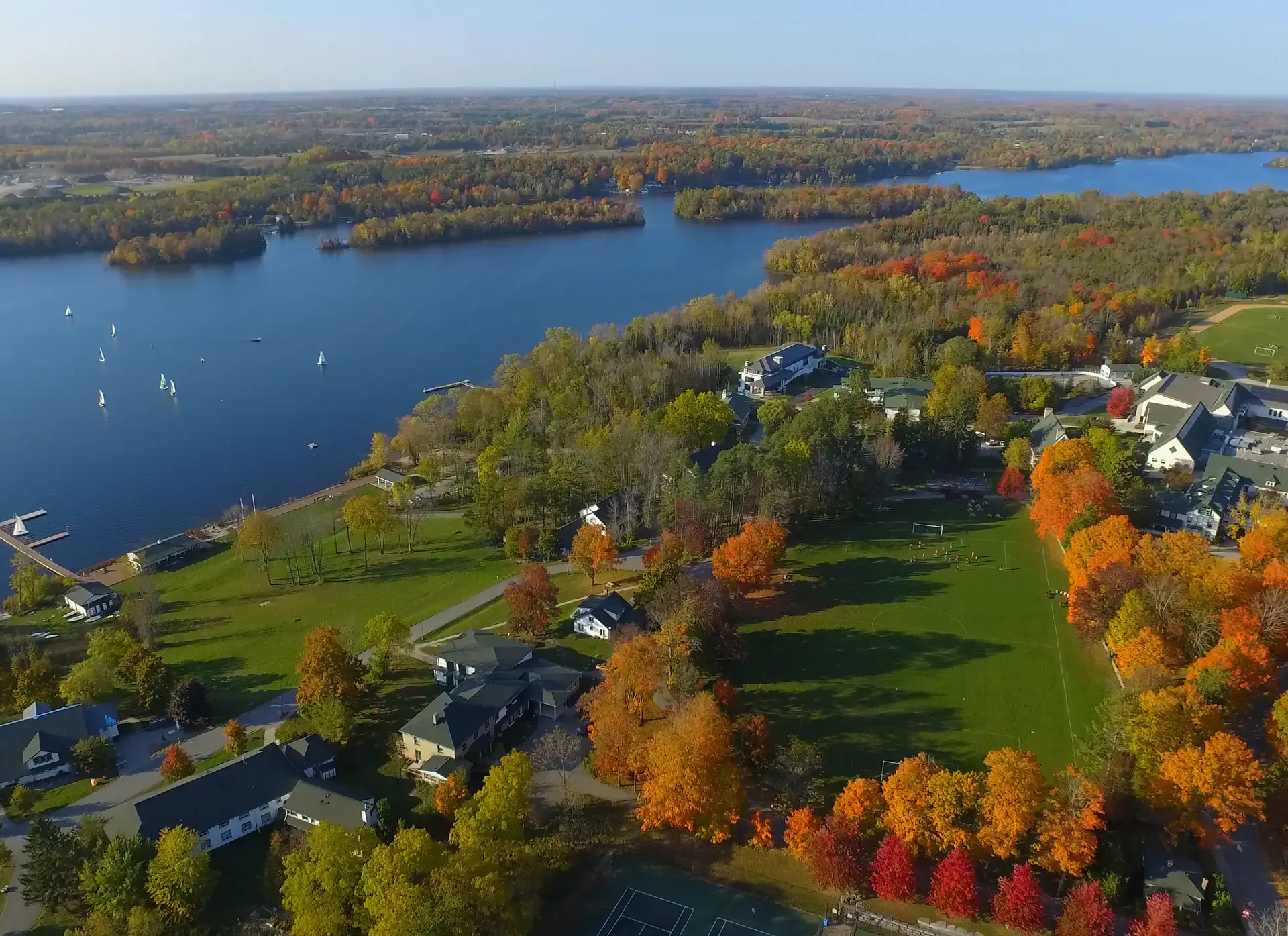 Arial view of Lakefield College School Campus with Katchewanooka lake in the background.