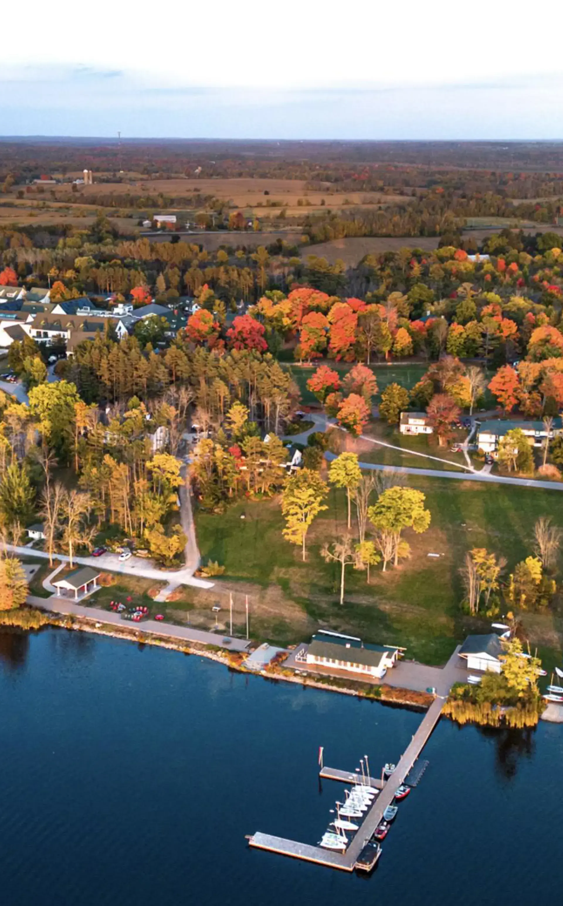 Aerial view of Lakefield's campus along Lake Katchewanooka