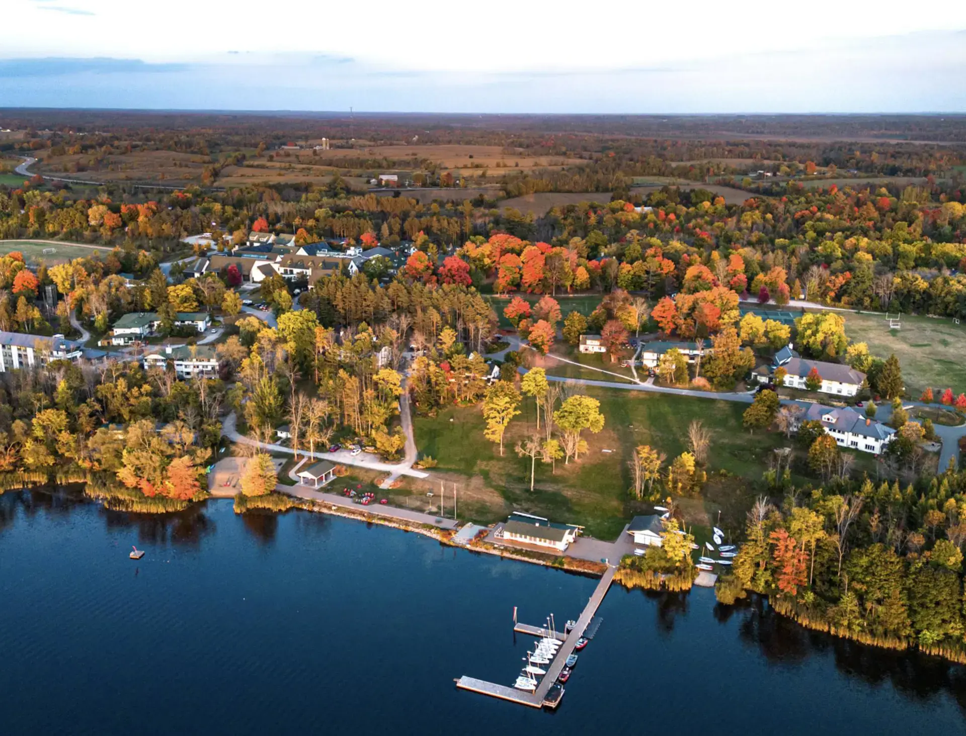 Aerial view of Lakefield's campus along Lake Katchewanooka