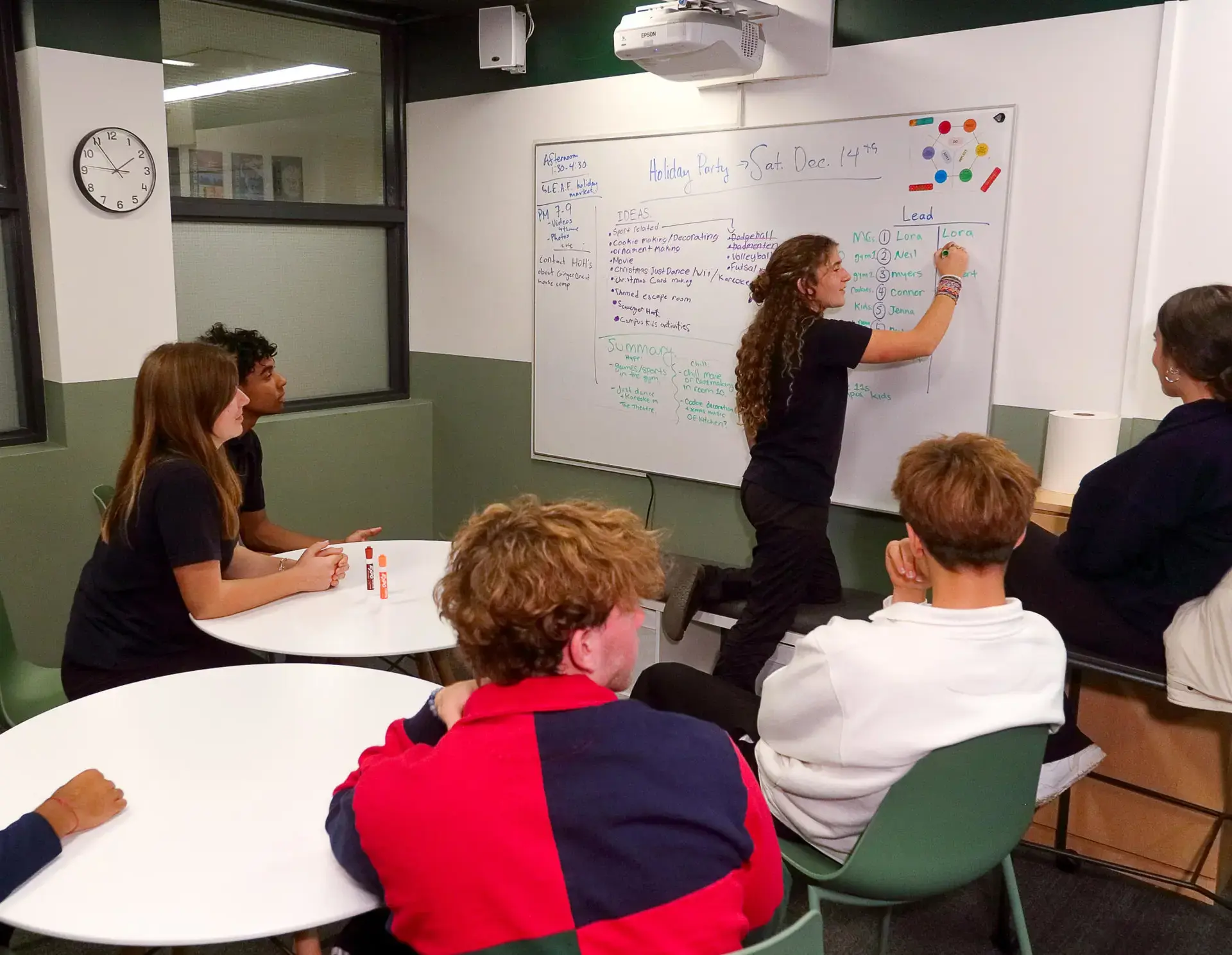 11th graders writing on whiteboard during planning session