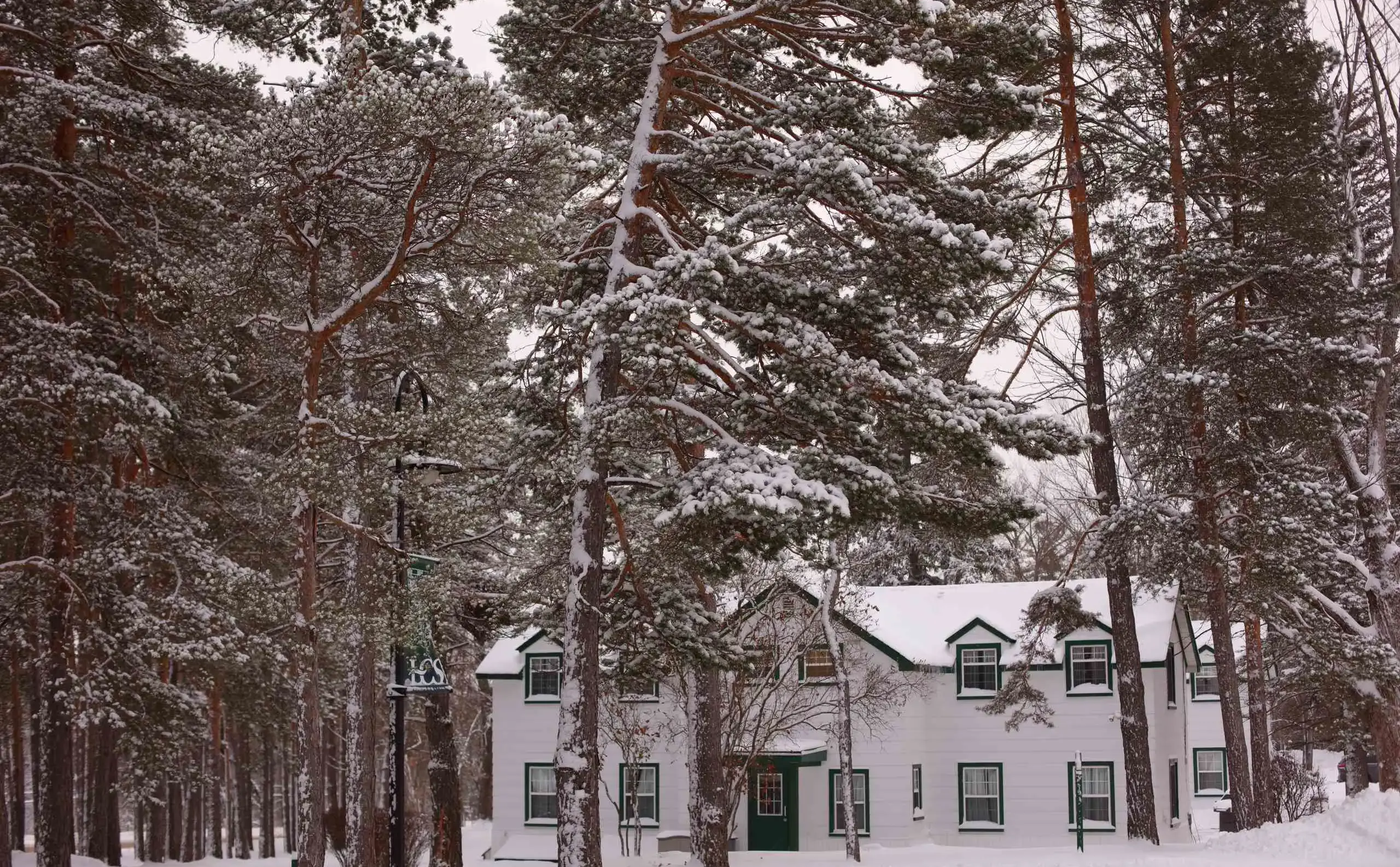 Exterior shot of Memorial House on a snowy day