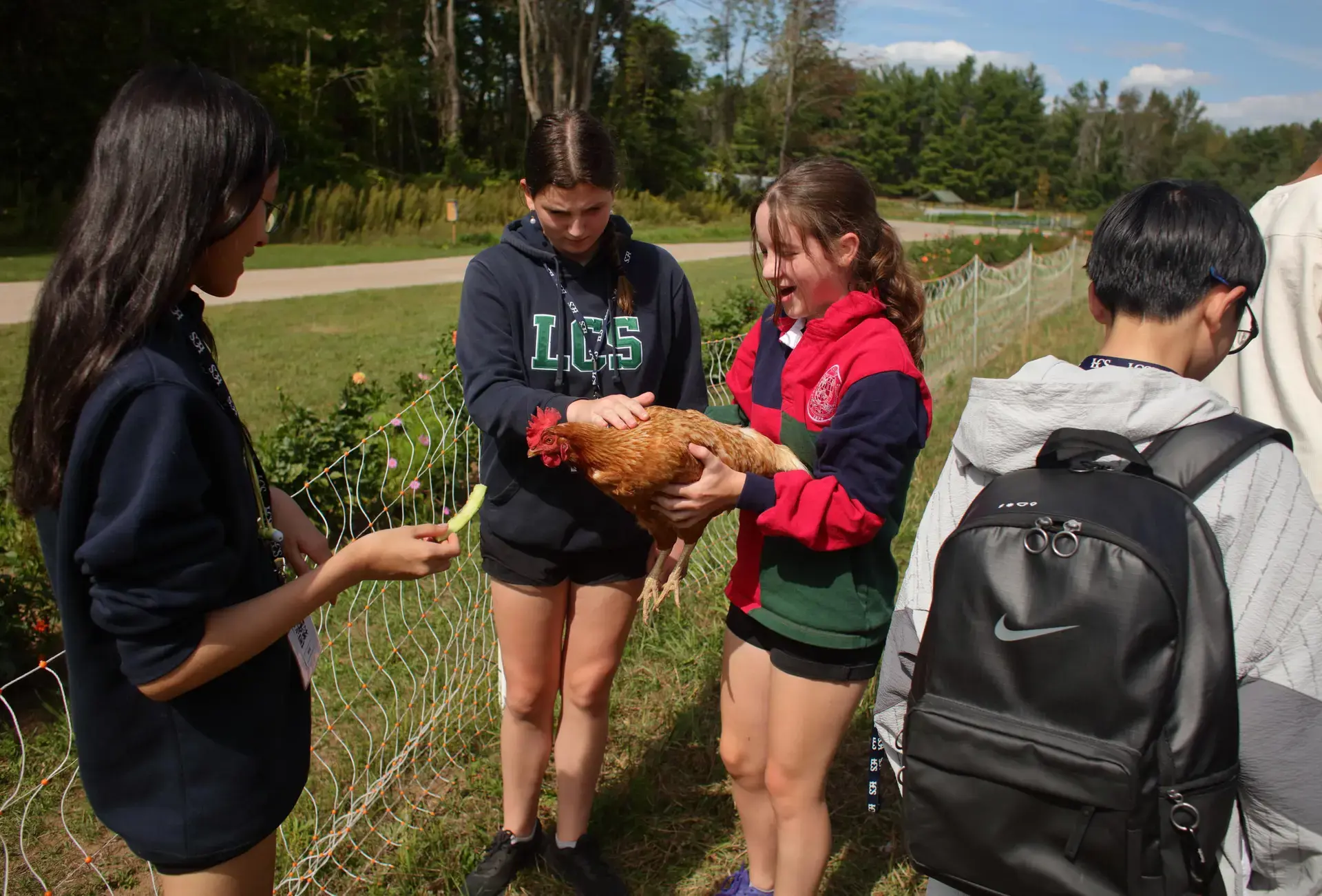 Students on farm holding a chicken