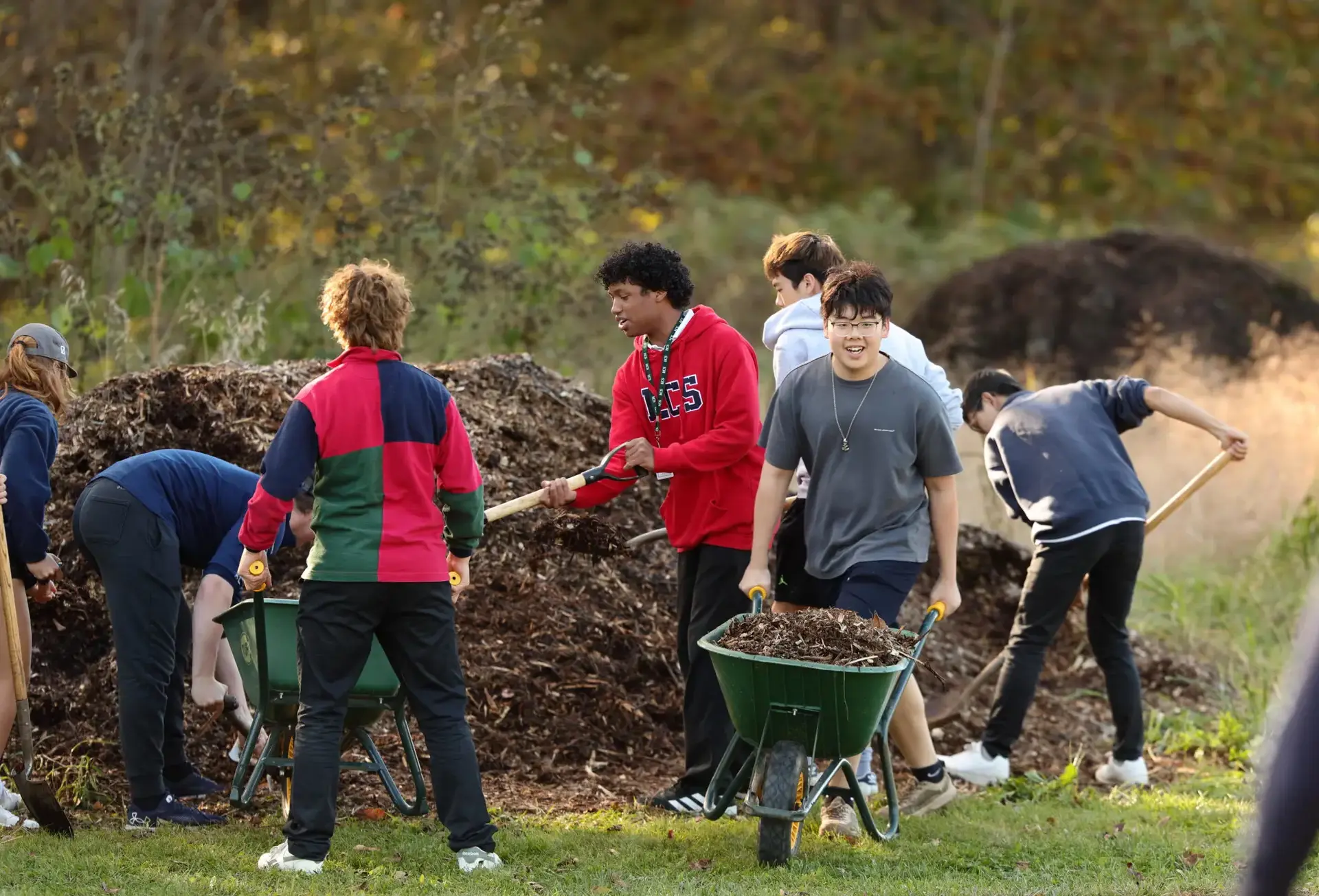 Students shovelling dirt into wheelbarrows