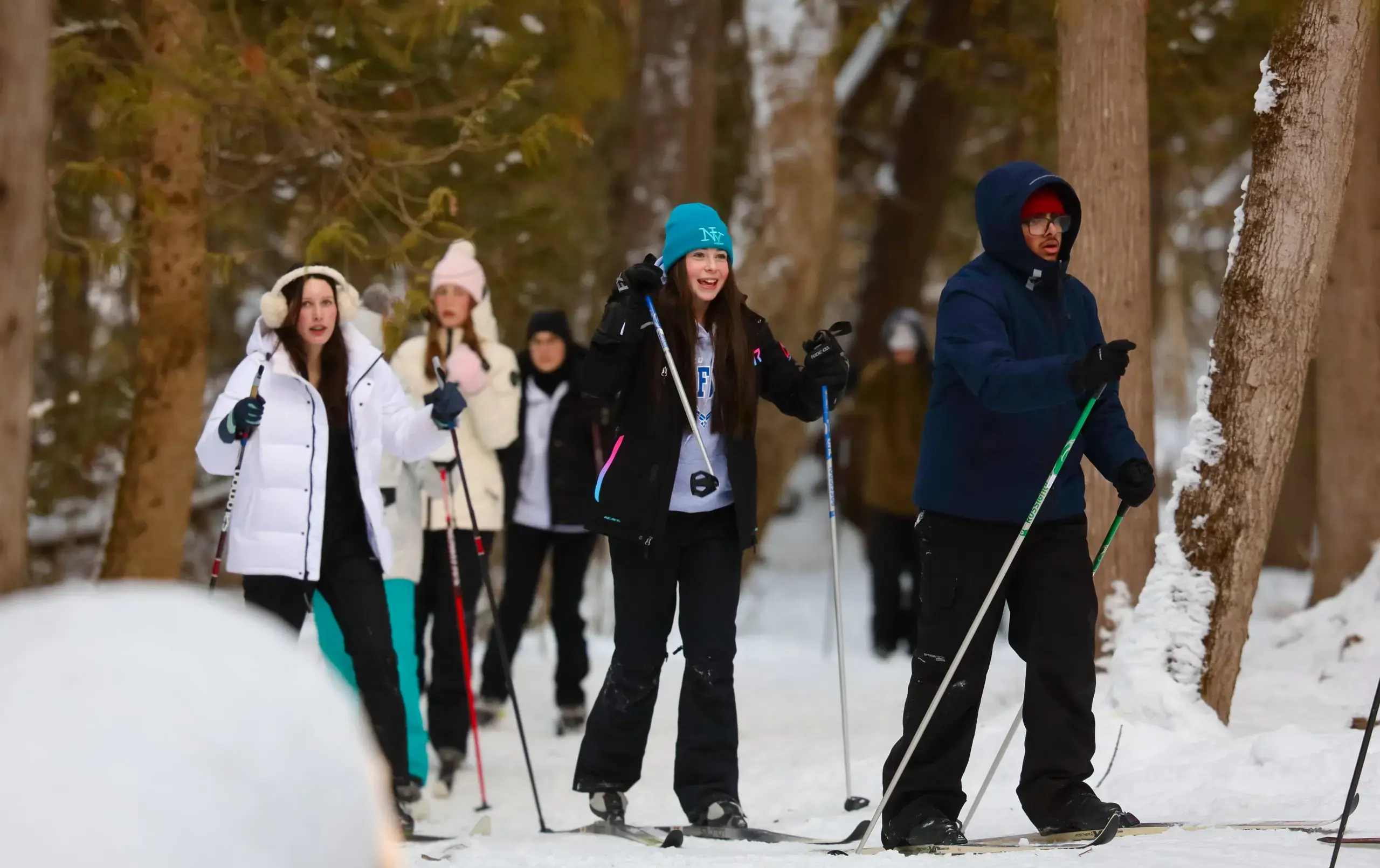 A group of students enjoy cross-country skiing along a snow-covered forest path.