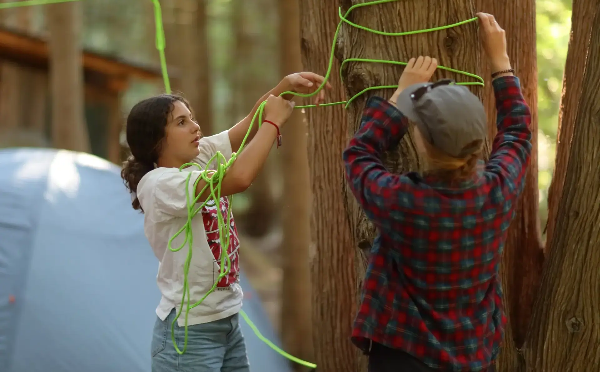 Students tying rope around tree