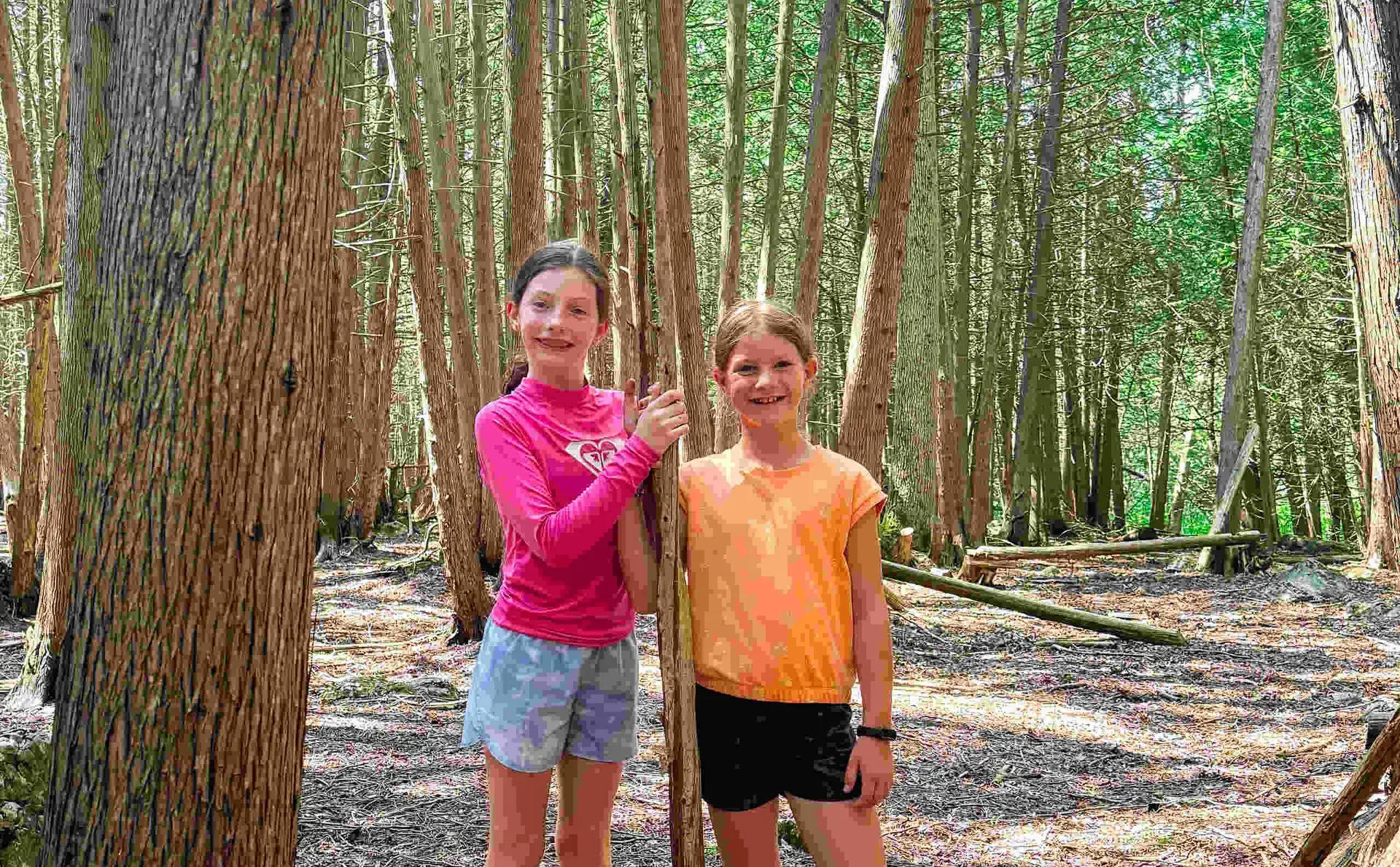 Two students standing arm-in-arm in forest